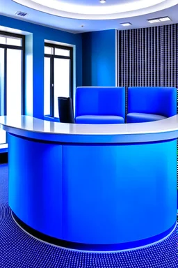 A circular blue reception desk with three chairs