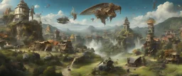 many magnificent sky-beasts fly up high in the distant sky, with a busy outdoor surrealist market, in a beautiful surreal outdoor countryside summer scene, with hills & fields, intricate dwellings, many pathways & stairways, streams, waterfalls, & a waterwheel : in the style of Salvador Dali & Hieronymus Bosch, very high detail, photorealistic, epic cinematic, 8K, Large depth of field