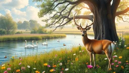 a beautiful river in country side and big tree,wild flowers and swans in river 2 pretty Deer with horns in plants,butterflies around flowers,heaven escape