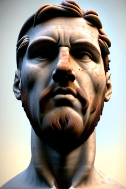 Ultra Realistic image, classical renaissance sculpture, white marble material, Lionel Messi, emperor style, gold Laurel leaves crown, miguel angel style, chisel style, emperor, waist up portrait, epic, celestial, cinematic lighting, God light, god rays, 4k resolution, smooth details, ornate details, soft lighting, unreal engine 5, sky background.