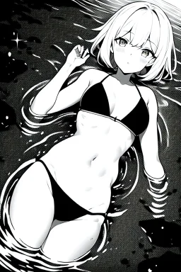 girl in a bikini swim in water, top view, greyscale