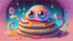 'Hungry Squid' - a colourful magical squid in a bowtie, eating a stack of pancakes covered in syrup; cute, cartoon style, big eyes, adorable, glittery, sparkly, radiant, glowing, pancakes in kitchen, magical