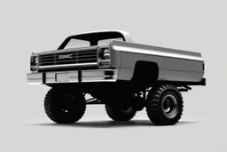 front corner 1973 GMC square body truck(lifted) facing to viewer's left, gray background, high contrast black and white vector