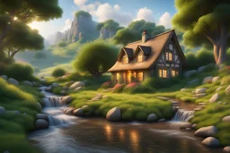 A charming cottage tucked away in a serene countryside, surrounded by lush green hills and a tranquil stream, 8k, Ultra hd,ultra detailed, ultra realistic, extremely realistic, intricate, photorealistic, epic composition, masterpiece