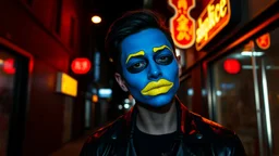 A person with a blue painted face and bright yellow lemon-shaped lips, standing in a dark alleyway at night, illuminated by neon signs, wearing a black leather jacket.