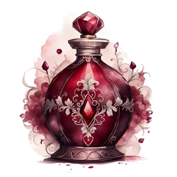 watercolor burgundy perfume bottle decorated with lace and rubies, Trending on Artstation, {creative commons}, fanart, AIart, {Woolitize}, by Charlie Bowater, Illustration, Color Grading, Filmic, Nikon D750, Brenizer Method, Side-View, Perspective, Depth of Field, Field of View, F/2.8, Lens Flare, Tonal Colors, 8K, Full-HD, ProPhoto RGB, Perfectionism, Rim Lighting, Natural Lightin
