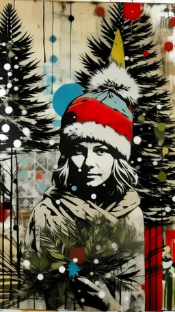 a mixed media of a Christmas , digital art, screen print, wheat paste poster
