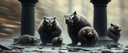 bad ass Owlbears badgers beavers overlord with some kobolds, hyperrealism, motion blur background with black stone pillars as frame