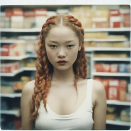 Old dirty Polaroid with white frames, of devon aoki with red cheeks, strange braids. in a supermarket, in 1940