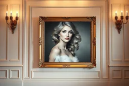a very beautiful lady photo in pretty frame hanging a wall in a luxury galery stage