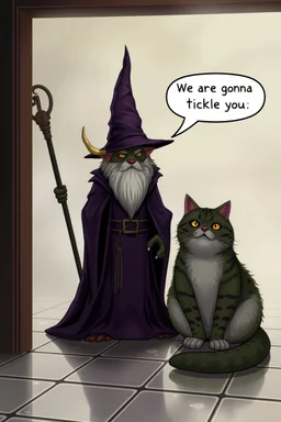 Wizard,snakebat and fat cat, add some fucking realism with no mutants, and a foggy background, and shiny tiled floor, and speechbubble saying "We are gonna tickle you."