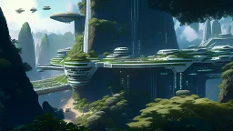 Many spaceliners docked at a huge busy spaceport, with gantries and walkways, setting into the side of a huge cliff, trees, vines and plants, Star Wars, Star Trek