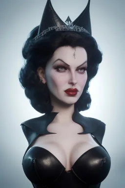 Lana Turner as evil queen in black leather, leather, busty, cleavage, angry, stern look. character design by cory loftis, fenghua zhong, ryohei hase, ismail inceoglu and ruan jia. unreal engine 5, artistic lighting, highly detailed, photorealistic, fantasy