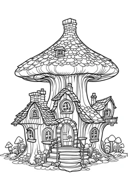 outline art for huge mushroom house coloring page for kids, white background, sketch style, full body, only use outline, cartoon style, clean line art, no shadows, clear and well outlined