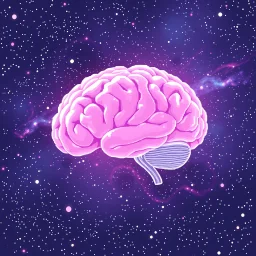 16 bit pixelart of a bare transparent pink human brain flying trough the universe, background galaxy's