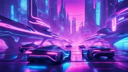 A futuristic cityscape at night with neon lights and flying cars.