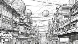 Draw a picture in a Geoffrey Bawa monochrome line work style of a city with designated no technology zones in a dystopian world where the physical world has to become a source of relief from the virtual world.