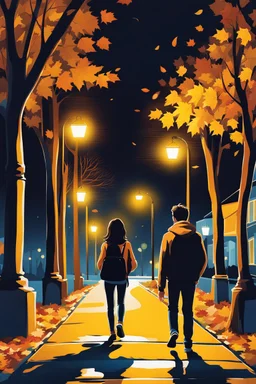 night yellow lights over the street trees autumn leaves under feet ,a Student adult girl with books in her hand walking in street looking to camera a boy walks after she few meters away her back