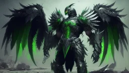 armadura negra y verde de alas de angel luchando contra bestias gigantes