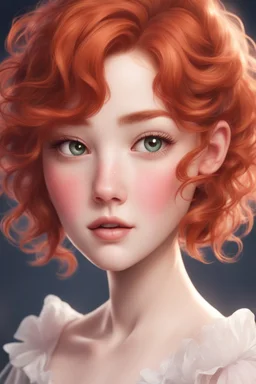 A short girl with thick short wavy red hair, narrow kind eyes with an enthusiastic look. A wide oval face is decorated with an upturned nose and small lips in the style of genshin impact, a ballerina
