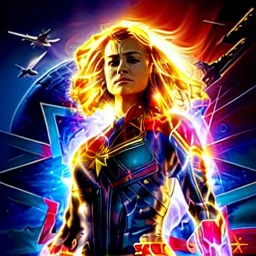 Captain Marvel,flying in the sky, hair on fire, realistic, vibrant colors, Kate beckinsale's face, long hair, gold angel wings, full body, in space, muscular, hyperrealistic, airplane, deathstar, facemask, topless, nuclear explosion, beauty happy face