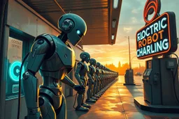 A cinematic wide-angle oil painting of a humanoid robot plugging a thick electric charging cable into its torso port at a futuristic charging station within a retro-style gas station. A long line of identical humanoid robots stands patiently behind, waiting for their turn to recharge. A large vintage-style sign to the side reads 'Electric Robot Charging Station.' The scene is bathed in golden-hour lighting, with rich, noisy colors, expressive thick brushstrokes, intricate steampunk elements, glo
