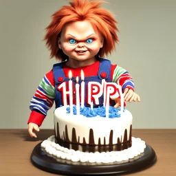 create me an photo realistic chucky doll celebrating his birthday
