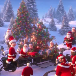 multiple santas driving a motorcycle arround christmass tree