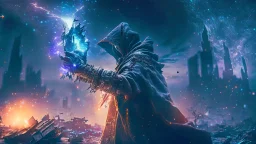 post apocalyptic space sorcerer casting spells, destroyed city, night starry sky, epic cinematic fight scene, 8k resolution, photorealistic, ultra detailed, macro photography