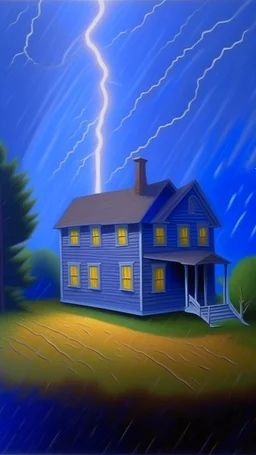 A light periwinkle haunted house in a lightning storm painted by Georges Seurat