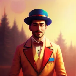 circus, ringleader, Arthur Kulkov, front, handsome, male, Russian, fantasy, anime, at dawn by atey ghailan, mystical colors, Golden hour, Lisa Frank fantasy