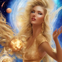 donna bellissima con corpo intero sexy,donna venusiana viso bello con occhi chiari con trucco glitter, capelli biondi,con abito oro,blu e bianco tra le stelle nel cosmo e le astronavi