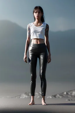 Ultra Realistic image, 25 years old brunette woman, Madrid, portrait, small stature, small chest, yakuza body tattoo, white broken cotton short undershirt, black leather legging, vibrant color, highly detailed, art stations, concept art, smooth, unreal engine 5, god rays, ray tracing, RTX, lumen lighting, ultra detail, volumetric lighting.