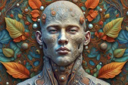 DeepDream-generated image depicting …Complex 3d render ultra detailed of a handsome male porcelain profile face, biomechanical cyborg, analog, 150 mm lens, beautiful natural soft rim light, big leaves and stems, roots, fine foliage lace, colorful details, massai warrior, alexander mcqueen high fashion haute couture, pearl earring, art nouveau fashion embroidered, steampunk, intricate details, mesh wire, mandelbrot fractal, anatomical, facial muscles, cable wires, elegant, hyper realistic, ultra