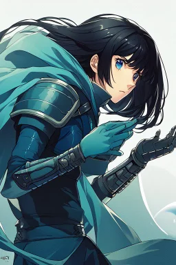 Motoko Kusanagi from "Ghost In The Shell (1995)", clad in medieval stell plate armour, alone, blue eyes, perfect, beautiful, black hair, in the style of 90-s anime, androgynous, melancholic