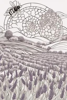 Mandala showcasing a lavender field amidst bee elements, sketched in black and white with clear, thick strokes, ideal for an adult coloring book, contour, vector, polished line art, set on a white scene