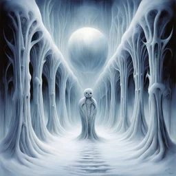 A Gallery of surreal snowman sentinels, infinity stretch of sinister snowman lining alien winter hall, by H.R. Giger, by Stephen Gammell, by Dave Kendall, colorful, surrealism, weird winter-scape, primary cold colors, smooth