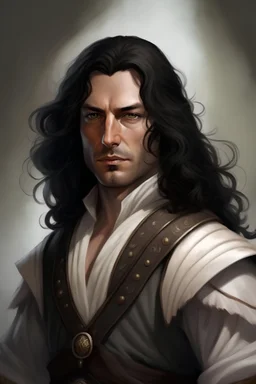Fantasy portrait of a dashing rogue who looks like Inigo Montoya. He's got tan skin, long black hair and a slight stubble, and wears lots of leathers over a flowing white tunic. Seems confident and would be good in a scrap or in a game of words.