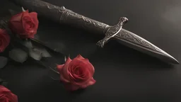 photoreal magnificent magical dagger engraved with crossed roses by lee jeffries, otherworldly, in the style of fantasy movies, photorealistic, shot on Hasselblad h6d-400c, zeiss prime lens, bokeh like f/0.8, tilt-shift lens 8k, high detail, smooth render, unreal engine 5, cinema 4d, HDR, dust effect, vivid colors