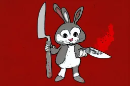 Cute rabbit diabolical smiling with a bloody knife with blood. Comic style