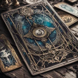 close-up high angle shot, fantasycore beautiful, Intricate hyperdetailed, enchanting The hanged tarot card set, layed on an old ripped table..