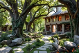 Panoramic Library Gardens: Medieval fantasy meets ancient nature. Winding stone paths under towering trees form a living cathedral. Vines and flowers cascade, while plants cling to ancient trunks. Natural seating areas of smoothed boulders and fallen logs. The library, built of fieldstone and timber, emerges from the landscape with large openings. Dappled sunlight illuminates quiet reading nooks. Style: natural textures, light play. Colors: deep greens, earth tones, jewel-toned flowers, golden