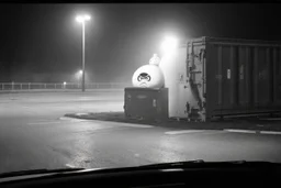 low res, low quality dashboard cam, high film grain, anthropomorphic evil angry frowning fanged marshmallow man hiding behind a dumpster caught in headlights in a Wal-Mart parking lot on a foggy night, found footage horror, low contrast, night vision, static haze