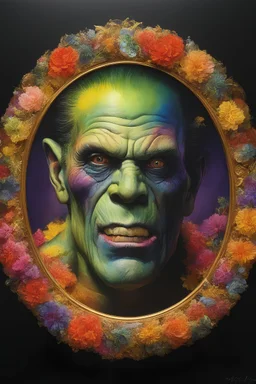 Frankenstein monster's face inside a round gold frame, multicolored, large, Floral/rainbow designs, atmospheric, beautiful, bright, vibrant colors, pitch-black background, oil painting by Boris Vallejo, 4k UHD, Photorealistic, professional quality