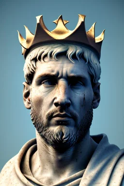 Ultra Realistic image, Roman sculpture, white luxury marble material, Lionel Messi, gold crown of natural thorns, god crown, Renaissance style, sun rays background, waist up portrait, epic, celestial, cinematic lighting, God lights, 4k resolution, smooth details, soft lighting, unreal engine 5, art station, substance 3d.