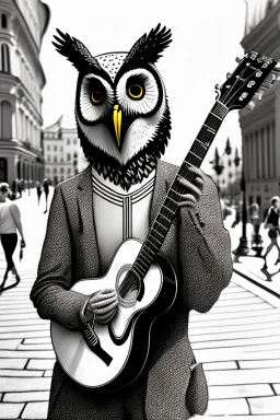 One single mature owl, playing guitar in the street , Vienna, smiling, sunny day, model style, hyper realistic, extremely accurate, delicate, extremely detailed, Graphic novel style, wide-angle, open aperture, superfine pencil