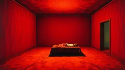 Room fully covered in red velvet fabric, identical walls floor and ceiling, a low bed in the center with a lying figure, warm light with no visible source, surreal painting style of Salvador Dalí.
