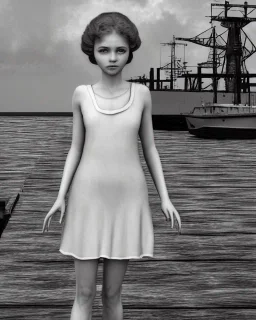 sepia young girl wearing white dress standing on wharf in shipyard, 1930s, 8k resolution, high-quality, fine-detail, intricate, digital art, detailed matte, volumetric lighting, dynamic lighting, illustration, 3D octane render, brian froud, howard lyon, selina french, anna dittmann, annie stokes, lisa parker, greg rutowski,