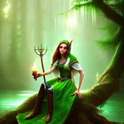 romantic fantasy spray painting, portrait of cute smiling green eyed robed elf poet with cute ornament,sitting on a branch, loosing torch in magical forest by waterfall