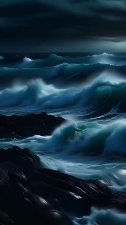 Craft an image of the ocean set in a dark, atmospheric scene, with vibrant waves crashing against an unseen shore. Highlight the profound, deep blues of the ocean’s depths. Infuse the image with an evocative quality, aiming to stir emotions within the viewer through the dynamic power of the water.